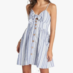 Roxy Blue White Stripe Tie Front Button Front Mini Dress Pockets Size M NWT‎